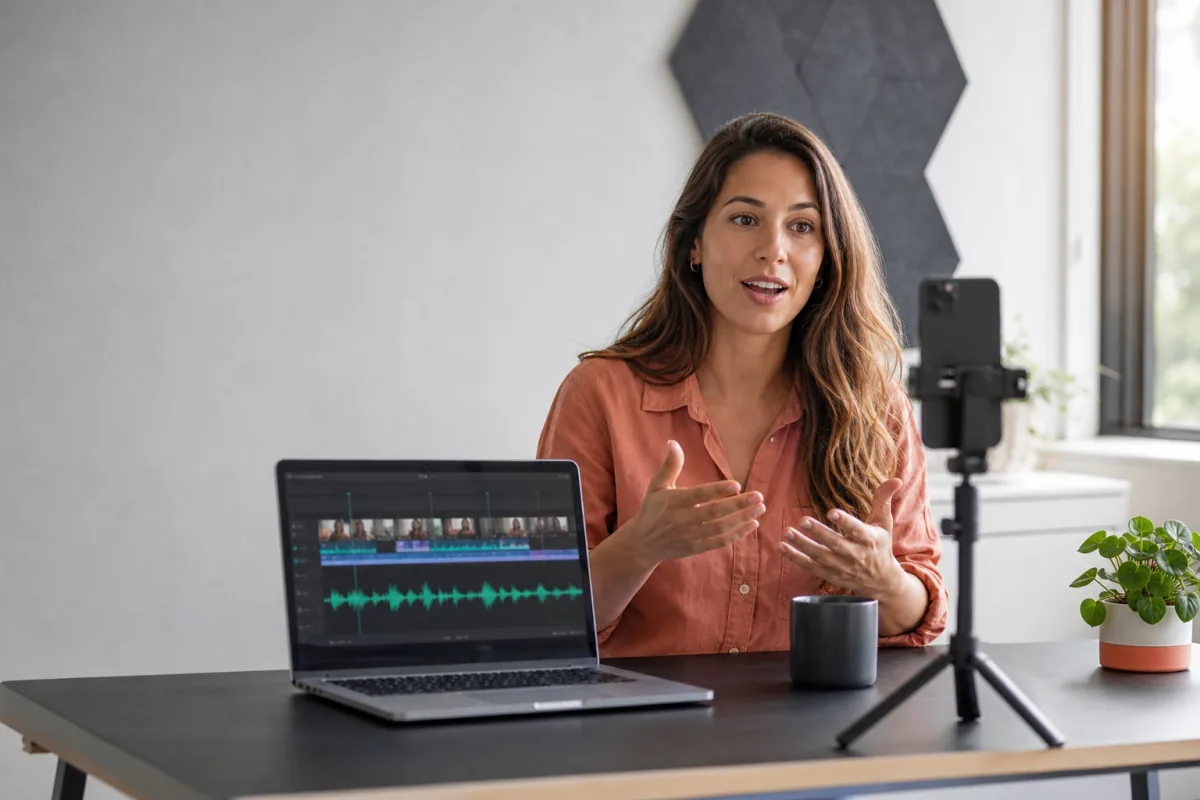 A creator recording a talking-head video for translation